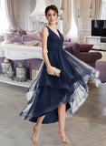 America A-line V-Neck Asymmetrical Tulle Cocktail Dress With Cascading Ruffles Pleated UKP0016052