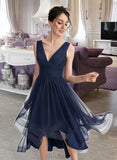 America A-line V-Neck Asymmetrical Tulle Cocktail Dress With Cascading Ruffles Pleated UKP0016052