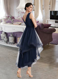 America A-line V-Neck Asymmetrical Tulle Cocktail Dress With Cascading Ruffles Pleated UKP0016052