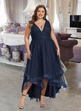 America A-line V-Neck Asymmetrical Tulle Cocktail Dress With Cascading Ruffles Pleated UKP0016052