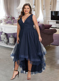 America A-line V-Neck Asymmetrical Tulle Cocktail Dress With Cascading Ruffles Pleated UKP0016052