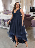 America A-line V-Neck Asymmetrical Tulle Cocktail Dress With Cascading Ruffles Pleated UKP0016052