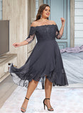 Hannah A-line Off the Shoulder Asymmetrical Chiffon Lace Cocktail Dress With Sequins UKP0016063