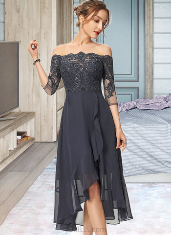 Hannah A-line Off the Shoulder Asymmetrical Chiffon Lace Cocktail Dress With Sequins UKP0016063