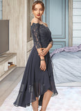 Hannah A-line Off the Shoulder Asymmetrical Chiffon Lace Cocktail Dress With Sequins UKP0016063