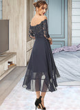 Hannah A-line Off the Shoulder Asymmetrical Chiffon Lace Cocktail Dress With Sequins UKP0016063