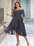 Hannah A-line Off the Shoulder Asymmetrical Chiffon Lace Cocktail Dress With Sequins UKP0016063