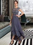 Kenley A-Line Scoop Neck Asymmetrical Chiffon Lace Cocktail Dress With Beading UKP0016077