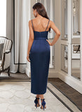 Kaia Sheath/Column V-neck Asymmetrical Polyester Cocktail Dress With Sash Split Front Pleated UKP0016079