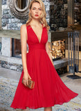 Carla A-Line V-neck Knee-Length Chiffon Cocktail Dress With Ruffle Bow(s) UKP0016082