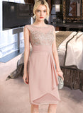 Essence Sheath/Column Scoop Neck Knee-Length Chiffon Lace Cocktail Dress With Cascading Ruffles UKP0016089