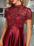 Janiyah A-Line High Neck Asymmetrical Satin Lace Cocktail Dress With Ruffle Sequins UKP0016091