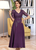 Amani A-line V-Neck Tea-Length Chiffon Lace Cocktail Dress With Sequins UKP0016106