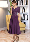 Amani A-line V-Neck Tea-Length Chiffon Lace Cocktail Dress With Sequins UKP0016106