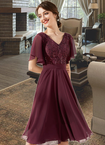 Kaliyah A-line V-Neck Knee-Length Chiffon Lace Cocktail Dress With Sequins UKP0016110