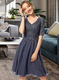 Jazmyn A-Line V-neck Knee-Length Chiffon Lace Cocktail Dress With Sequins UKP0016111