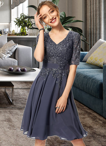 Jazmyn A-Line V-neck Knee-Length Chiffon Lace Cocktail Dress With Sequins UKP0016111