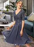 Jazmyn A-Line V-neck Knee-Length Chiffon Lace Cocktail Dress With Sequins UKP0016111