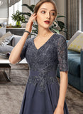 Jazmyn A-Line V-neck Knee-Length Chiffon Lace Cocktail Dress With Sequins UKP0016111