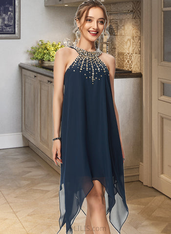 Karley A-Line Scoop Neck Asymmetrical Chiffon Cocktail Dress With Beading UKP0016150