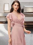 Victoria A-Line V-neck Asymmetrical Chiffon Cocktail Dress With Ruffle UKP0016159