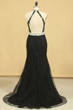 Black Plus Size Prom Dresses Mermaid High Neck Open Back Tulle With Applique & Rhinestones