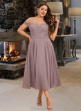 Kay A-line Off the Shoulder Tea-Length Chiffon Lace Cocktail Dress With Beading UKP0016190