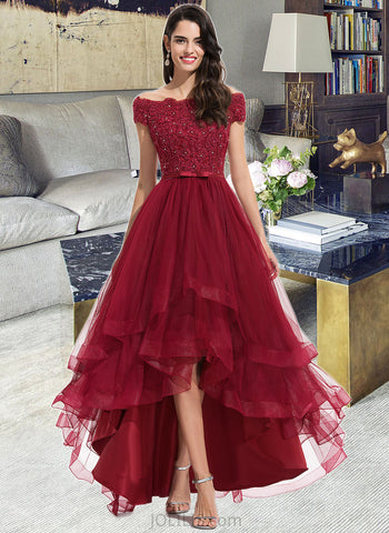 Frances A-Line Off-the-Shoulder Asymmetrical Tulle Lace Cocktail Dress With Lace Beading Bow(s) UKP0016194