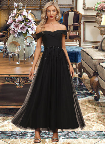 Jaden A-Line Off-the-Shoulder Ankle-Length Chiffon Tulle Cocktail Dress With Beading Sequins UKP0016205