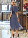 Hadassah A-Line V-neck Tea-Length Chiffon Cocktail Dress With Sash Split Front UKP0016231