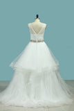 Wedding Dresses V-Neck Tulle With Beaded Belt Court Train