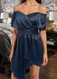 Gwendolyn Sheath/Column Off-the-Shoulder Asymmetrical Satin Cocktail Dress With Pleated UKP0016241