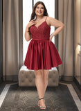 Jaslyn A-Line V-neck Short/Mini Satin Lace Cocktail Dress With Lace Beading UKP0016244