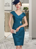 Aspen Sheath/Column V-neck Knee-Length Satin Cocktail Dress With Ruffle Beading UKP0016245