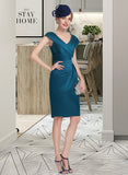 Aspen Sheath/Column V-neck Knee-Length Satin Cocktail Dress With Ruffle Beading UKP0016245