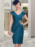 Aspen Sheath/Column V-neck Knee-Length Satin Cocktail Dress With Ruffle Beading UKP0016245