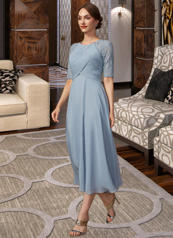 Lucinda A-Line Scoop Neck Tea-Length Chiffon Lace Cocktail Dress With Ruffle UKP0016250