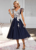 Aliya A-Line V-neck Tea-Length Organza Cocktail Dress With Appliques Lace UKP0016252