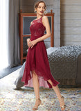 Danica A-Line Scoop Neck Asymmetrical Chiffon Lace Cocktail Dress With Sequins Cascading Ruffles UKP0016257