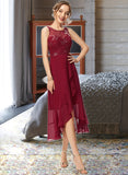 Danica A-Line Scoop Neck Asymmetrical Chiffon Lace Cocktail Dress With Sequins Cascading Ruffles UKP0016257