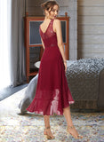 Danica A-Line Scoop Neck Asymmetrical Chiffon Lace Cocktail Dress With Sequins Cascading Ruffles UKP0016257