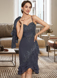 Joslyn Sheath/Column Sweetheart Asymmetrical Chiffon Lace Cocktail Dress With Sequins Cascading Ruffles UKP0016271