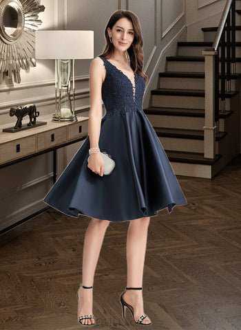 Annika A-Line V-neck Knee-Length Satin Cocktail Dress With Lace Beading UKP0016289