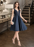 Annika A-Line V-neck Knee-Length Satin Cocktail Dress With Lace Beading UKP0016289