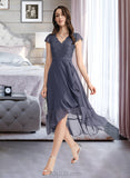 Ruby A-line V-Neck Asymmetrical Chiffon Lace Cocktail Dress With Cascading Ruffles UKP0016291