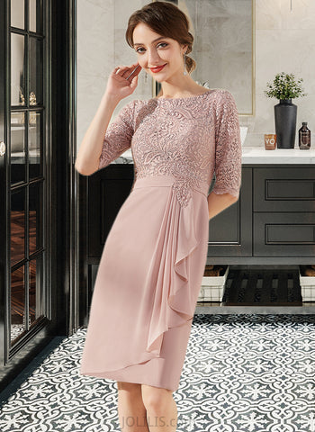 Ayanna Sheath/Column Scoop Neck Knee-Length Chiffon Lace Cocktail Dress With Beading Cascading Ruffles UKP0016304