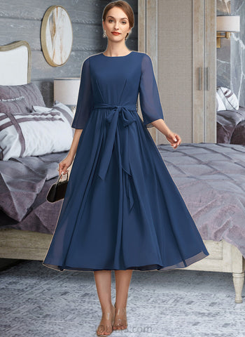 Aliyah A-Line Scoop Neck Tea-Length Chiffon Cocktail Dress With Ruffle Bow(s) UKP0016309