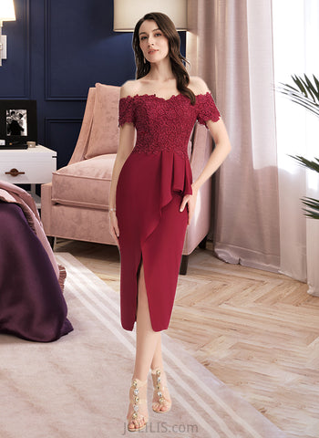 Kinley Sheath/Column Off-the-Shoulder Tea-Length Chiffon Lace Cocktail Dress UKP0016329