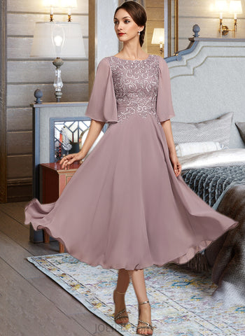 Joanne A-Line Scoop Neck Tea-Length Chiffon Lace Cocktail Dress UKP0016336