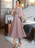 Joanne A-Line Scoop Neck Tea-Length Chiffon Lace Cocktail Dress UKP0016336